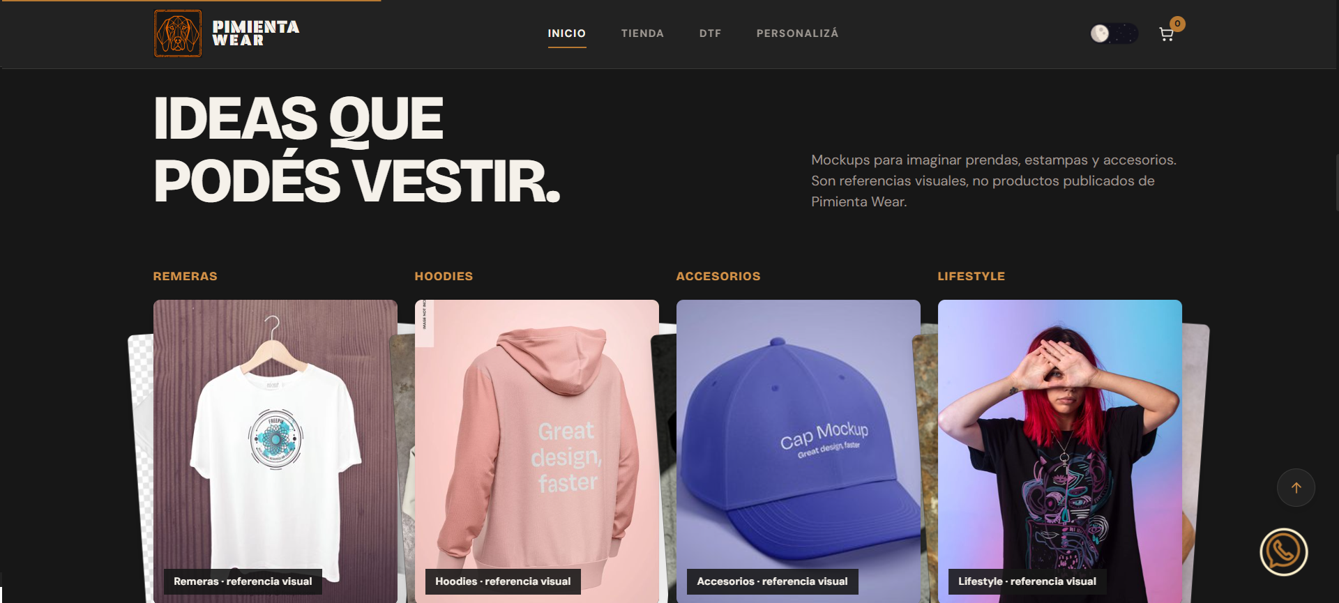 Galería editorial de Pimienta Wear con referencias visuales de remeras, hoodies, accesorios y lifestyle